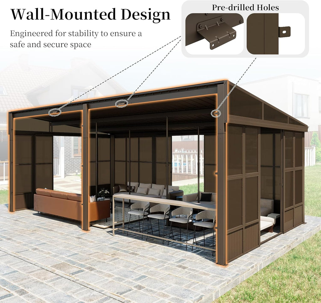 Domi 12x20FT Sunroom, Wall Mounted Sunroom Kit with Galvanized Steel Sloping Roof, Outdoor Sunroom Gazebo with Detachable PC Screen, 3 Sliding Double Doors, Lean to Sun Room for Patio, Deck