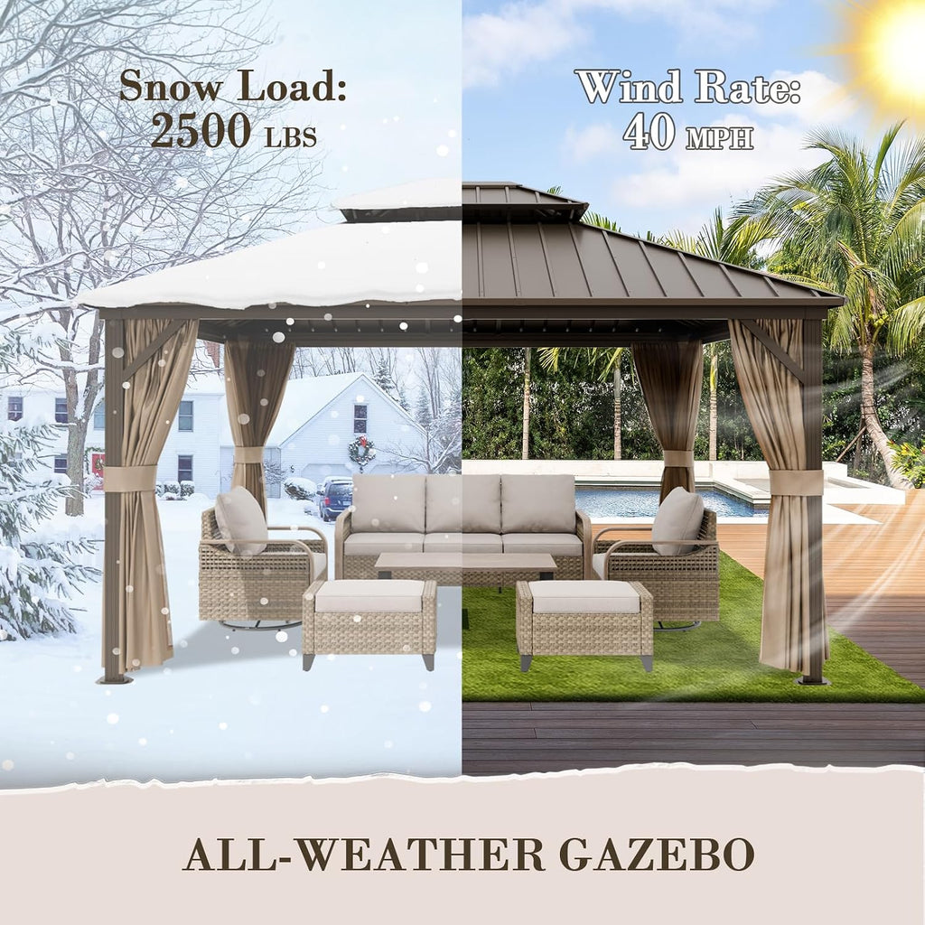 EAGLE PEAK 12x14 Hardtop Gazebo, Galvanized Steel Double Roof with Aluminum Frame, Outdoor Pavilion with Netting and Curtains for Patio, Deck, Lawn and Garden, Dark Brown/Tan