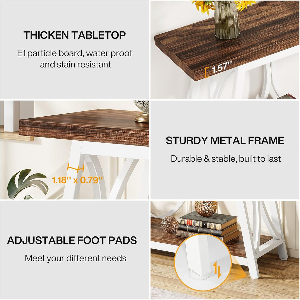 Tribesigns 70.9 inch Extra Long Console Table, Industrial Sofa Table Behind Couch with 2 Tier Storage Shelf, Narrow Entryway Hallway Accent Table for Living Room, White & Brown