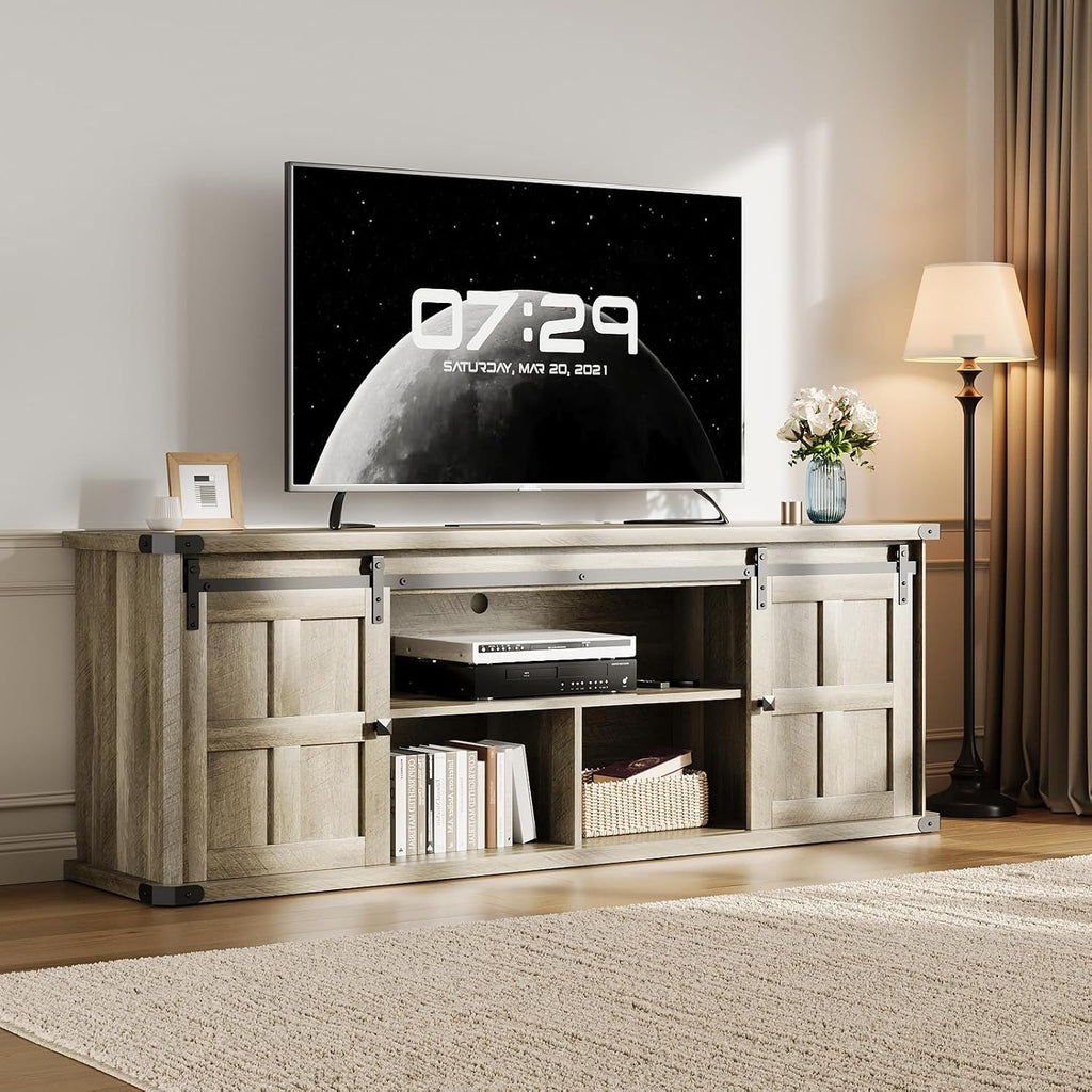 IDEALHOUSE Farmhouse TV Stand for 75 Inch TV, Entertainment Center with Storage Cabinets and Sliding Barn Doors, Media TV Console Table for Living Room Bedroom