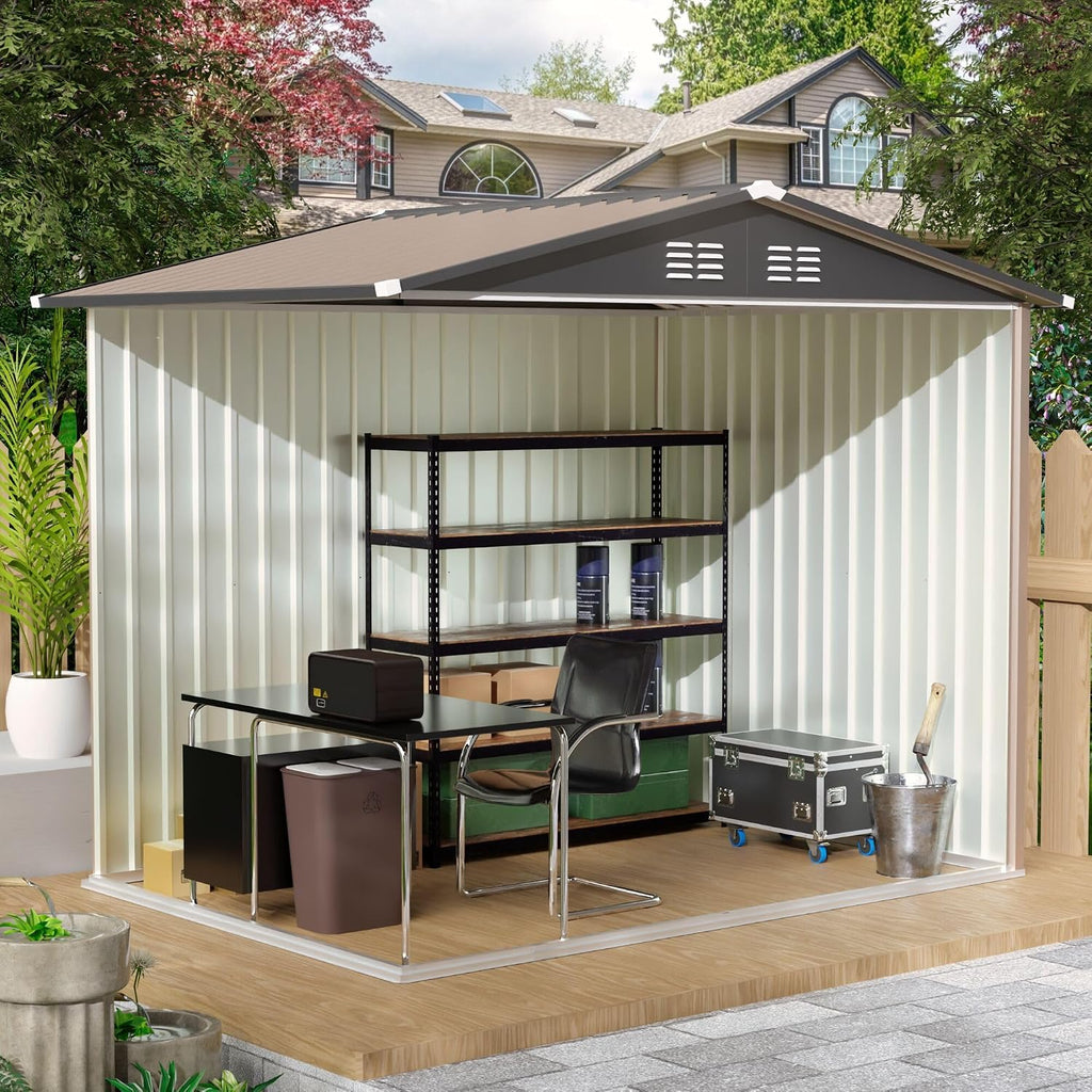 8x6 FT Outdoor Storage Shed, Galvanized Tool Shed, Metal Garden Shed with Apex Roof & Lockable Door & 2 Gloves, Waterproof Rust-Resistant for Backyard Garden Lawn Patio, Brown