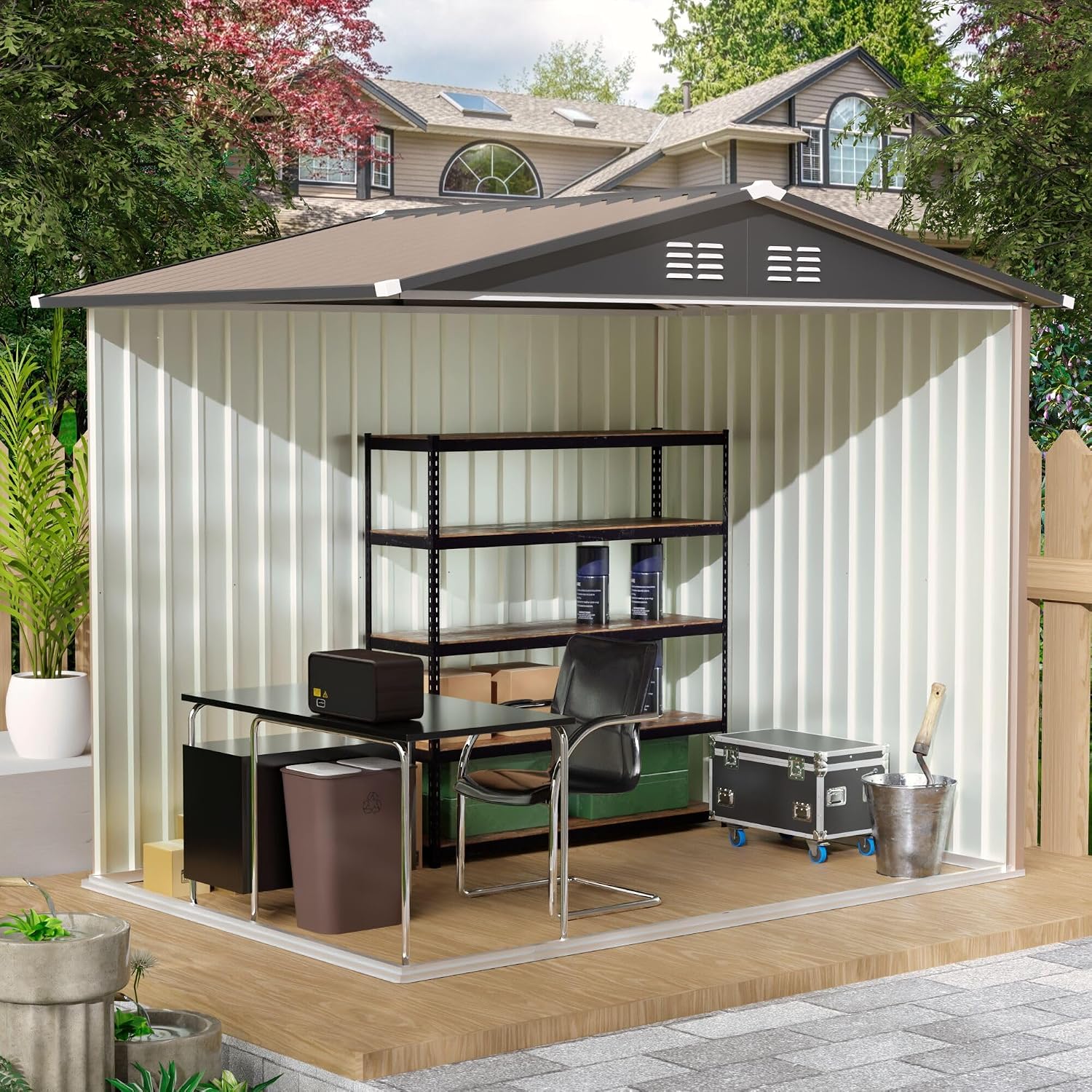 8x6 FT Outdoor Storage Shed, Galvanized Tool Shed, Metal Garden Shed with Apex Roof & Lockable Door & 2 Gloves, Waterproof Rust-Resistant for Backyard Garden Lawn Patio, Brown