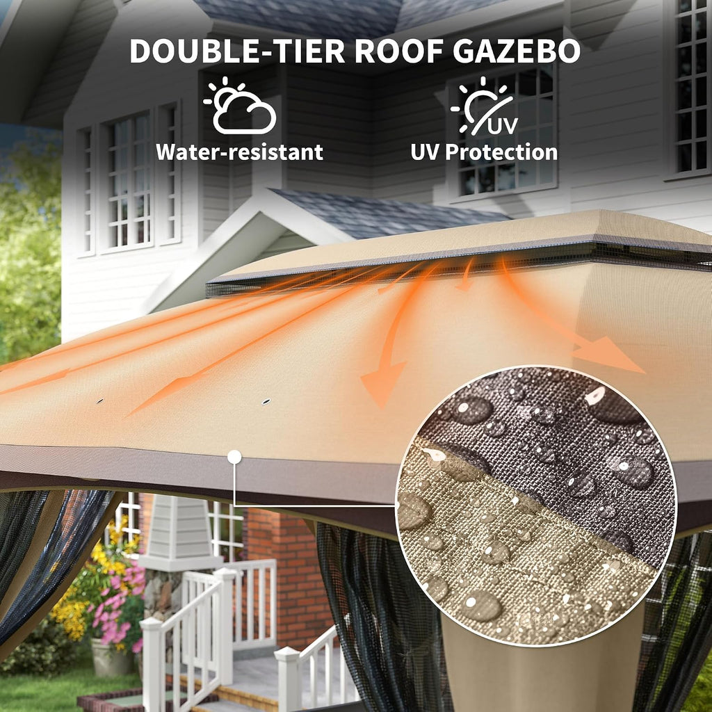 Outsunny 10' x 13' Patio Gazebo, Outdoor Gazebo Canopy Shelter with Netting, Vented Roof, Steel Frame for Garden, Lawn, Backyard, and Deck, Beige
