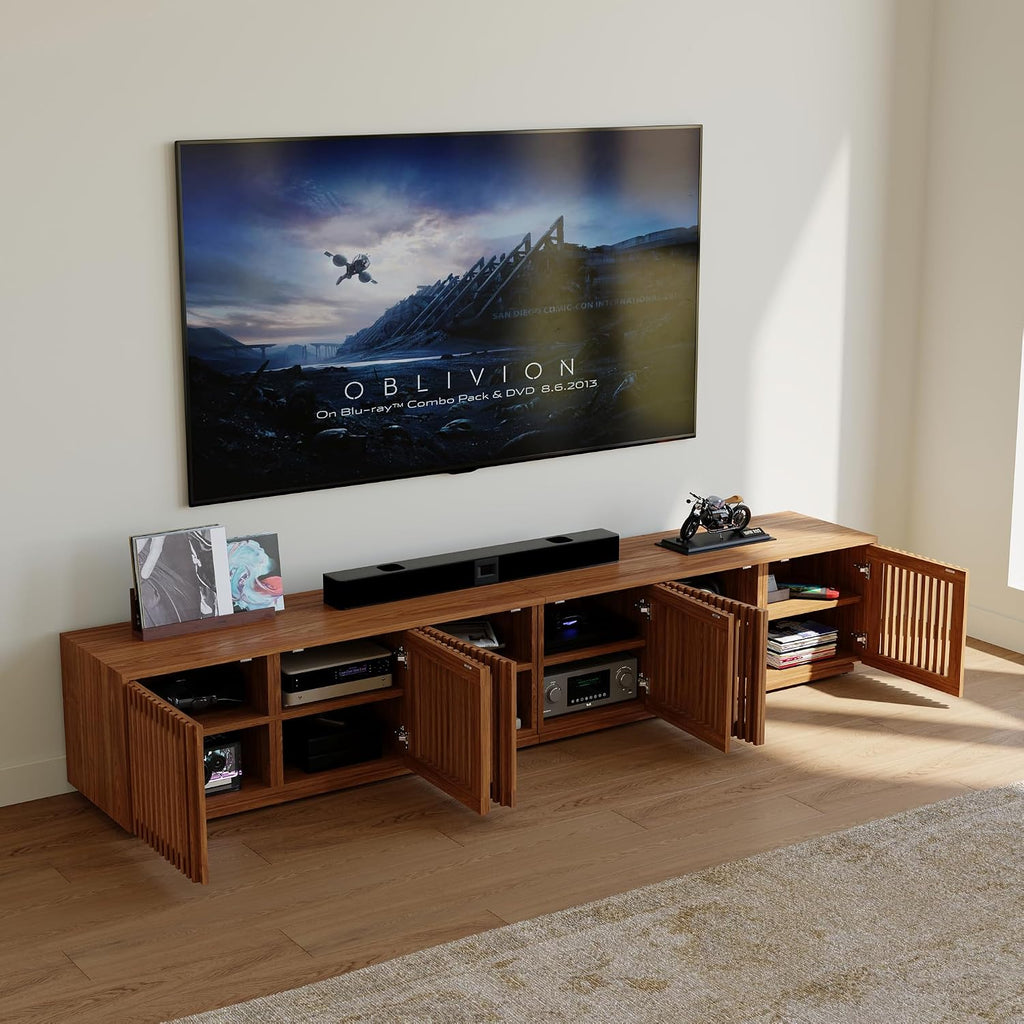 POVISON Full Assembled Mid Century Modern TV Stand, Wood Slatted Media Console for 75+ inch TV, Entertainment Center with Storage for Living Room, Low Cabinet with Removable Shelves