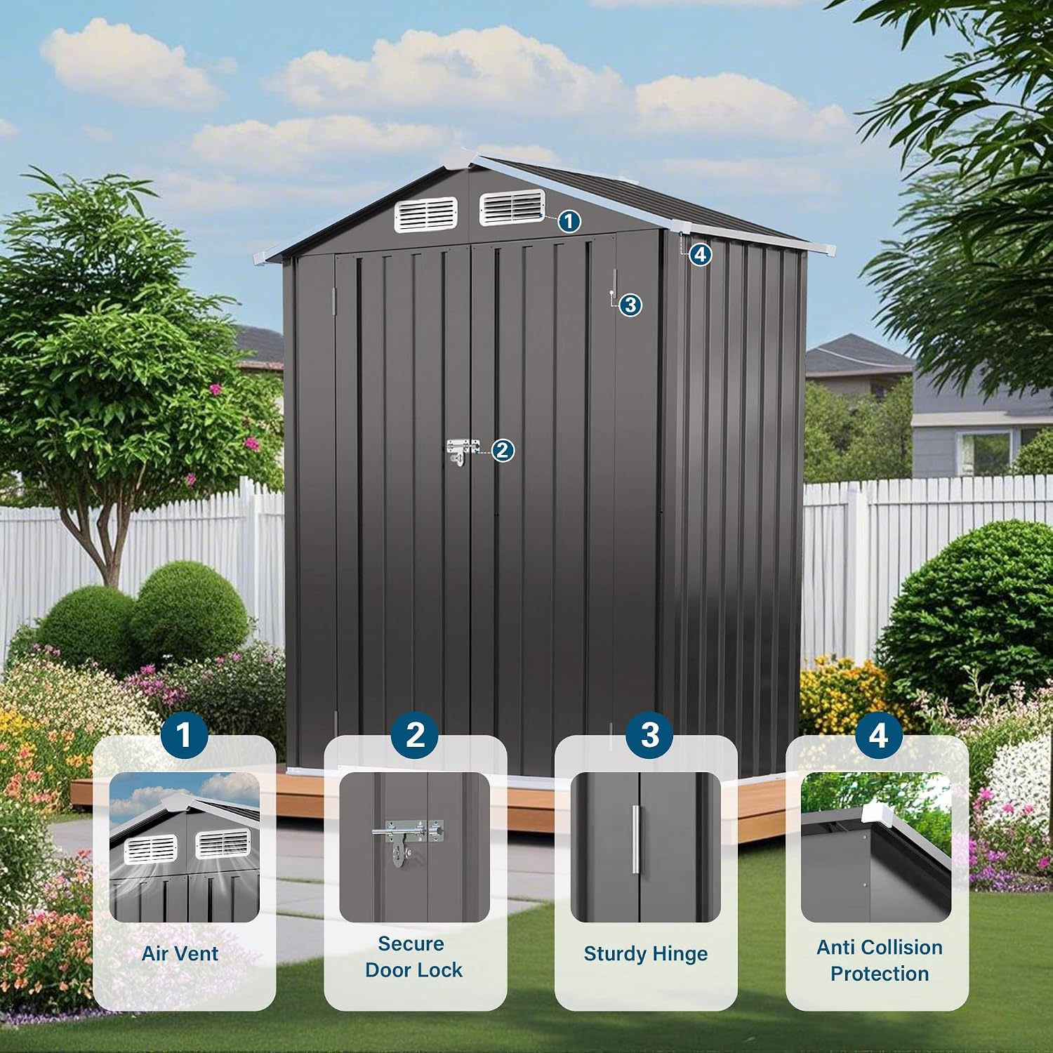 5x3 FT Metal Outdoor Storage Shed, Compact Garden Tool Shed with Peaked Waterproof Roof and Lockable Door, Small Weather-Resistant Metal Organizer for Backyard, Patio, Balcony and Bike Storage, Gray
