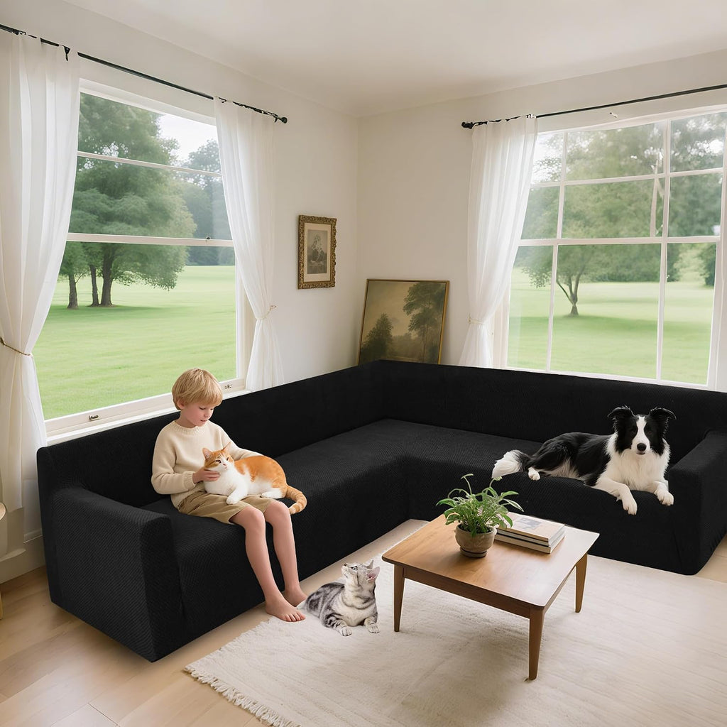 Arfntevss Stretch Sectional Couch Covers L Shaped Corner Sectional Sofa Cover Washable Jacquard Soft Fleece U Shape Sofa Slipcovers Anti Slip Furniture Protector for Dogs Pets (Large, Black)
