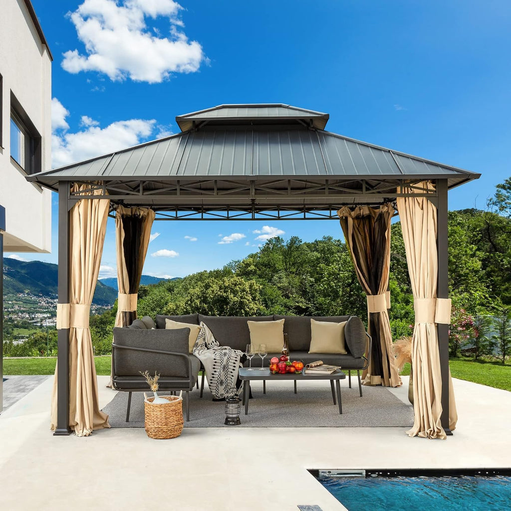 EROMMY 10'x12' Hardtop Gazebo, Metal Double Roof with Anti-Rust Coating Frame, Outdoor Waterproof Patio Gazebos with Shaded Curtains and Netting for Gardens, Lawns, Deck