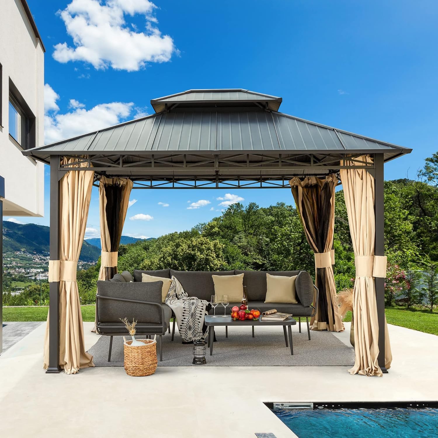 EROMMY 10'x12' Hardtop Gazebo, Metal Double Roof with Anti-Rust Coating Frame, Outdoor Waterproof Patio Gazebos with Shaded Curtains and Netting for Gardens, Lawns, Deck