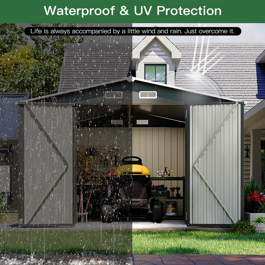9.1' x 7.4' Outdoor Metal Storage Shed with Lockable Doors, Steel Utility Shed for Garden, Patio, Backyard & Lawn, Durable Black Design