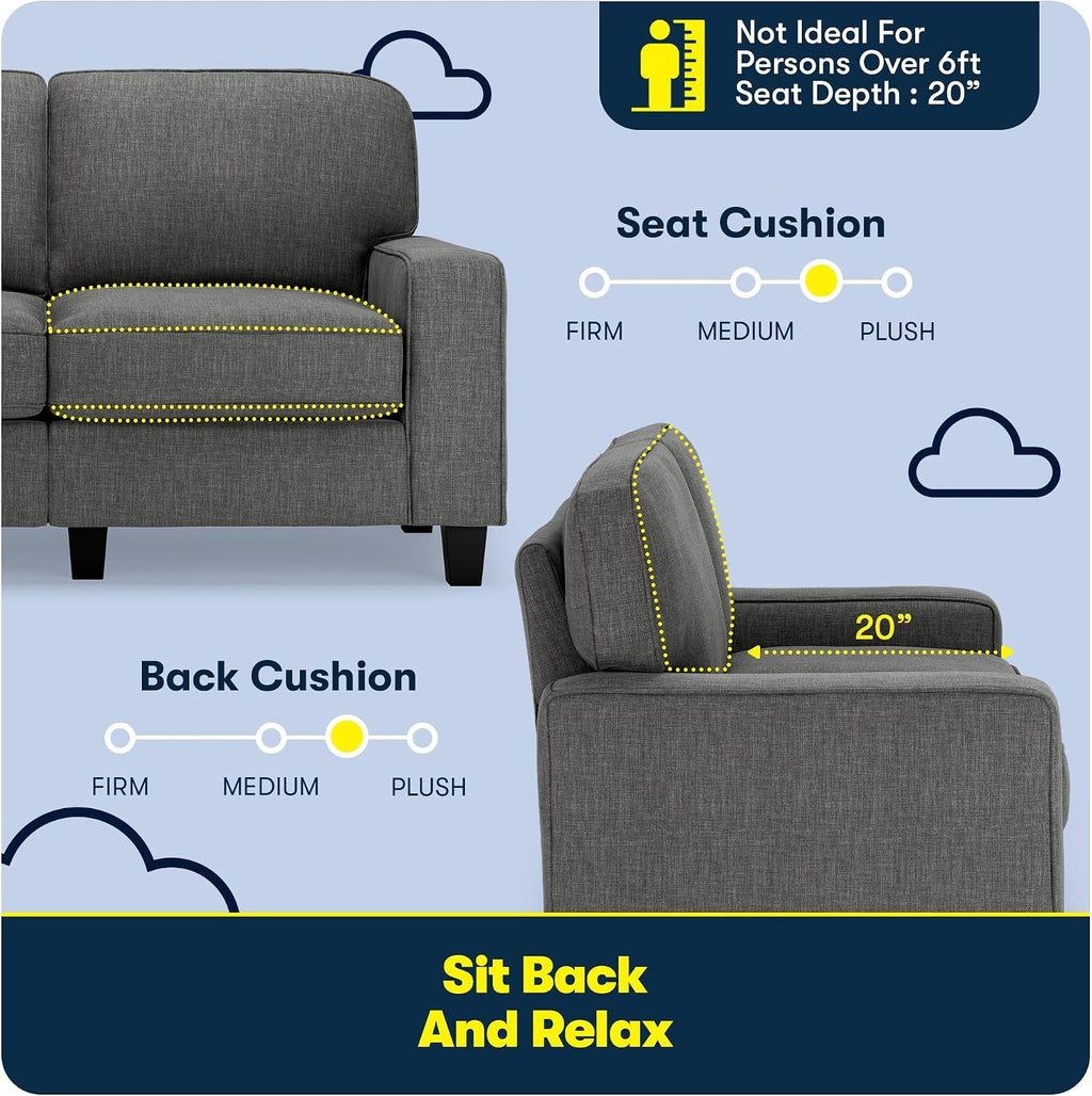 Serta Palisades 61' Track Arm Sofa, Easy Care Polyester, Soft Pillow Back, Pocket Coil Seat Cushions, Removable Covers, Loveseat or Couch for Small Spaces, Living Rooms or Bedrooms, Gray