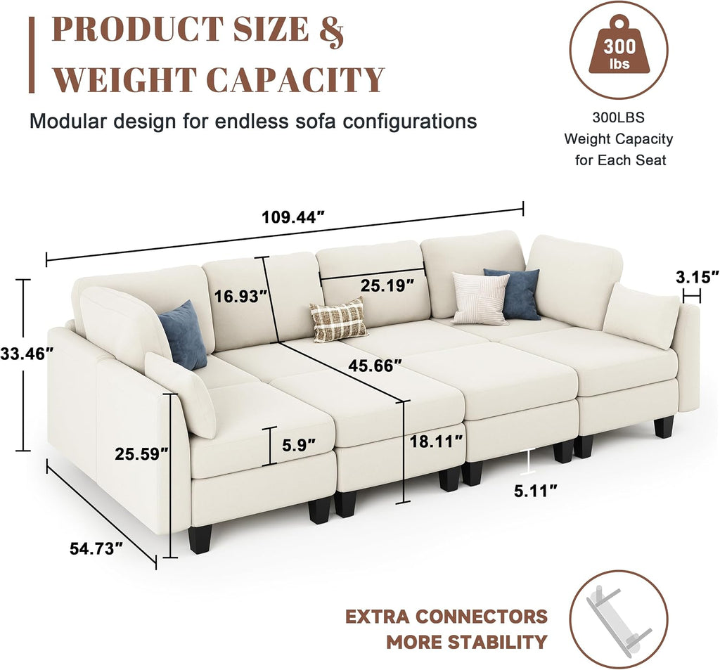 Sectional Sleeper Sofa, 8 Seaters Modular Sleeper Sofa Couch, Comfy Sectionals Couches Bed, Convertible Sofas with Ottomans, Modular Sectional Couches for Living Room, Beige