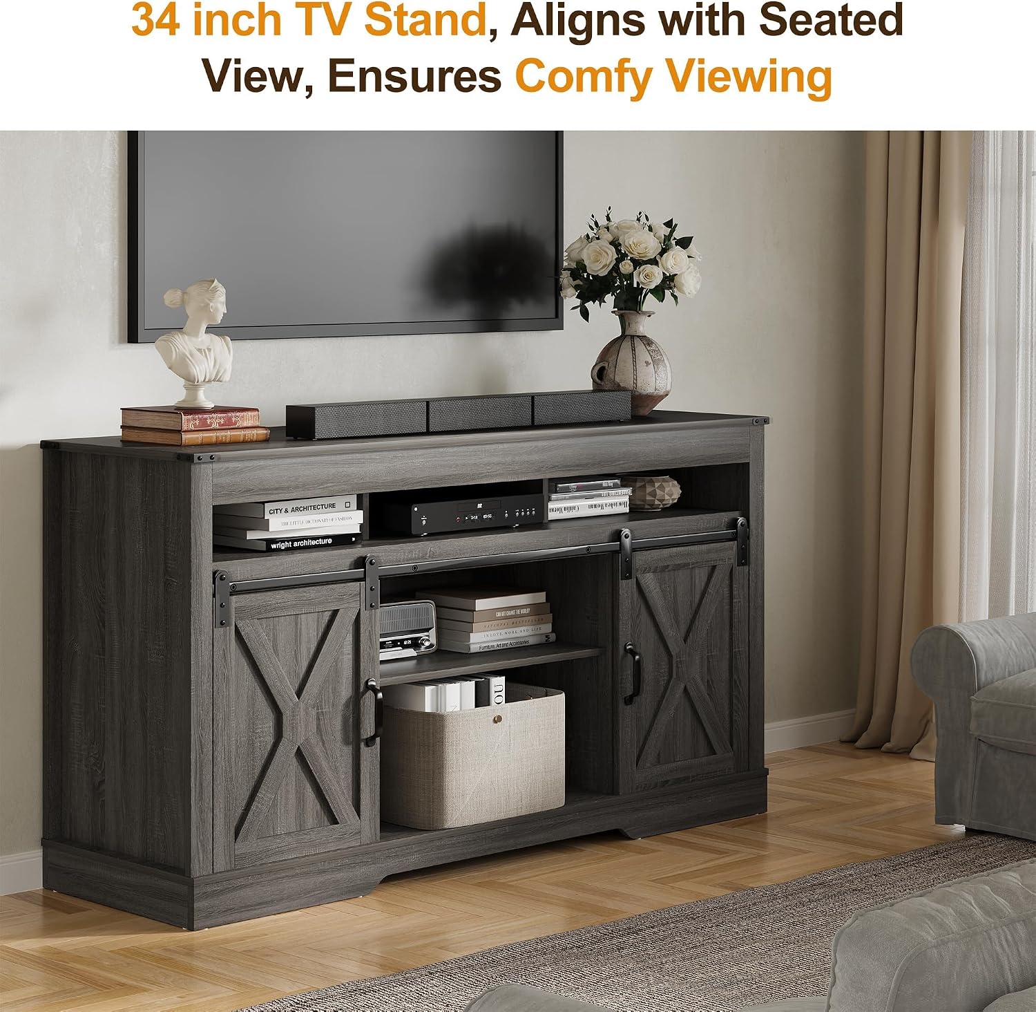 RoyalCraft TV Stand for 65+ Inch TV: Farmhouse Entertainment Center with Storage, Wood TV Console Cabinets with Sliding Barn Door, Tall Media with Adjustable Shelves for Living Rooms, Gray
