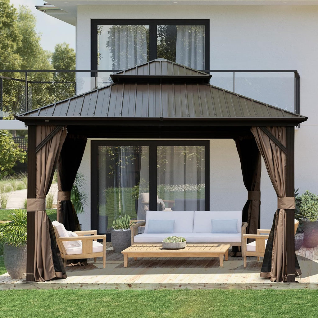 Domi Hardtop Gazebos 10x10FT, Aluminum Metal Gazebo with Galvanized Steel Double Roof Canopy, Curtain and Netting, Permanent Gazebo Pavilion for Patio, Backyard, Deck and Lawn, Brown