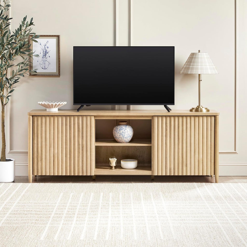 Walker Edison Scandinavian Reeded TV Stand with Open Storage for up to 80' TV Coastal Oak