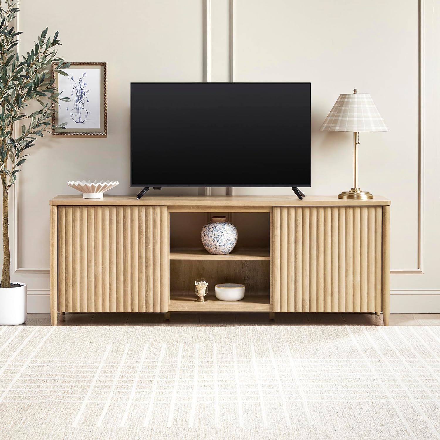 Walker Edison Scandinavian Reeded TV Stand with Open Storage for up to 80' TV Coastal Oak