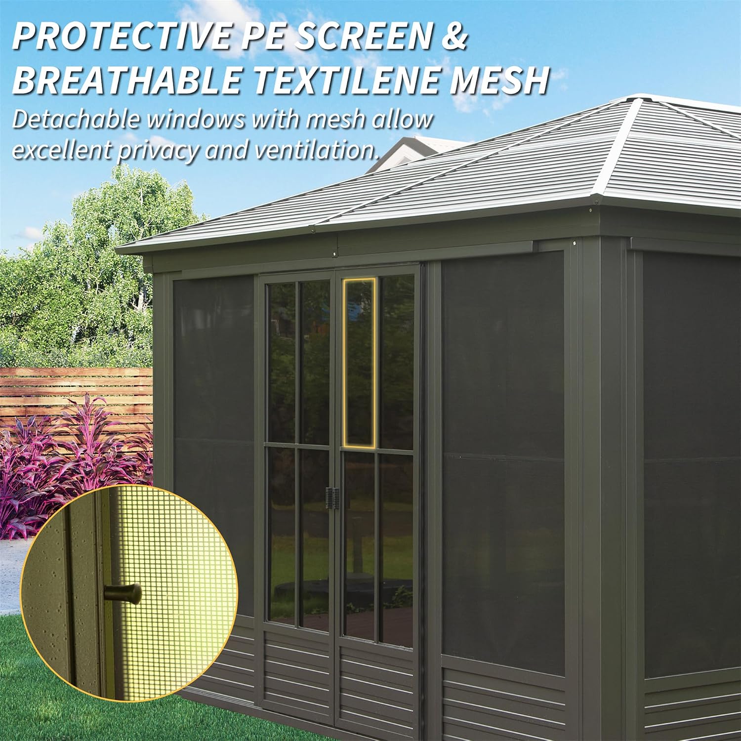 12x14FT Outdoor Sunroom Hardtop Gazebo with Lockable Doors & Movable PVC Windows | All-Weather Galvanized Steel Roof & Aluminum Frame, Black Solarium Screen House for Patio, Deck, Backyard