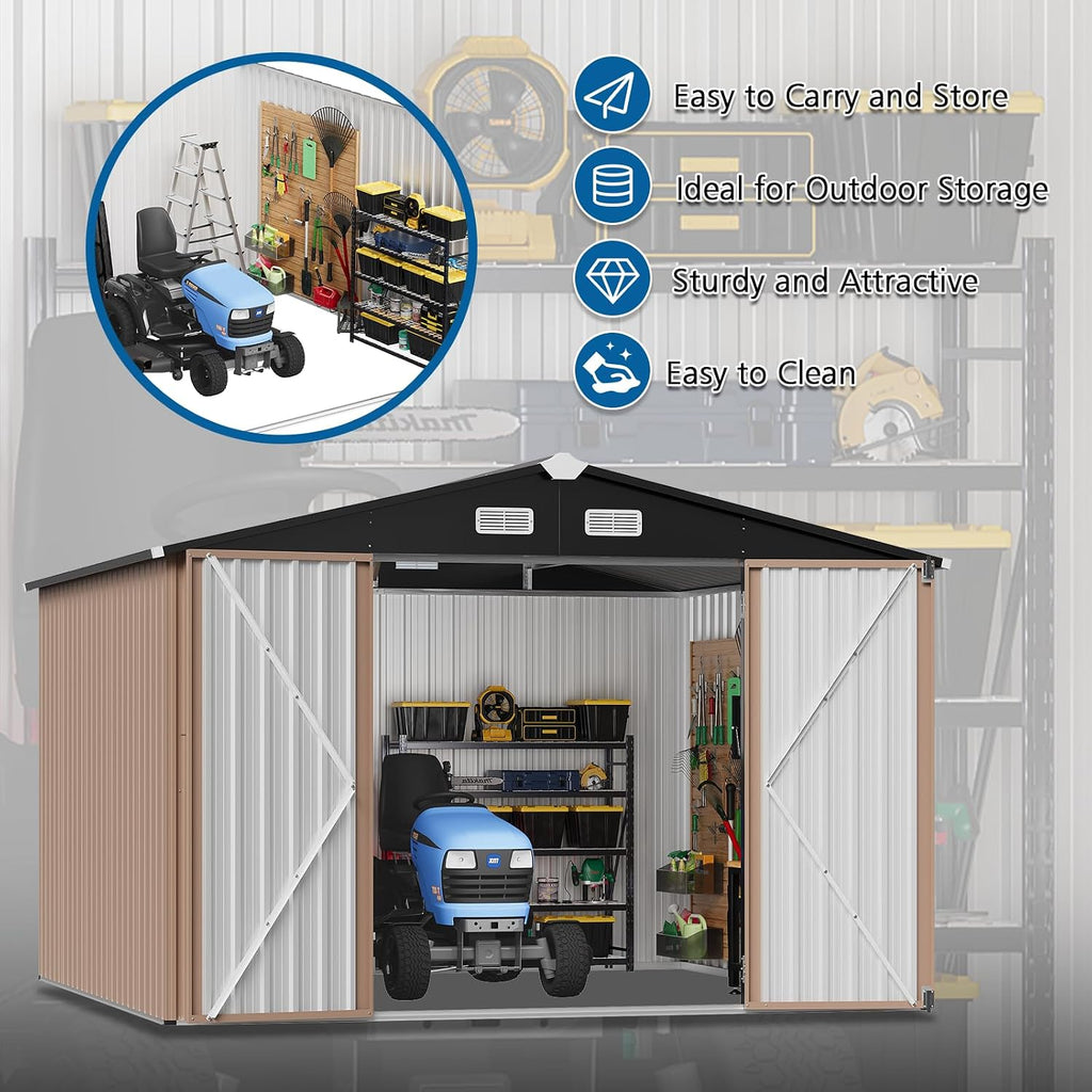 10x10 FT Outdoor Storage Shed with Lockable Door, Waterproof Metal Tool Shed for Bikes, Tools & Lawn Equipment – Gray