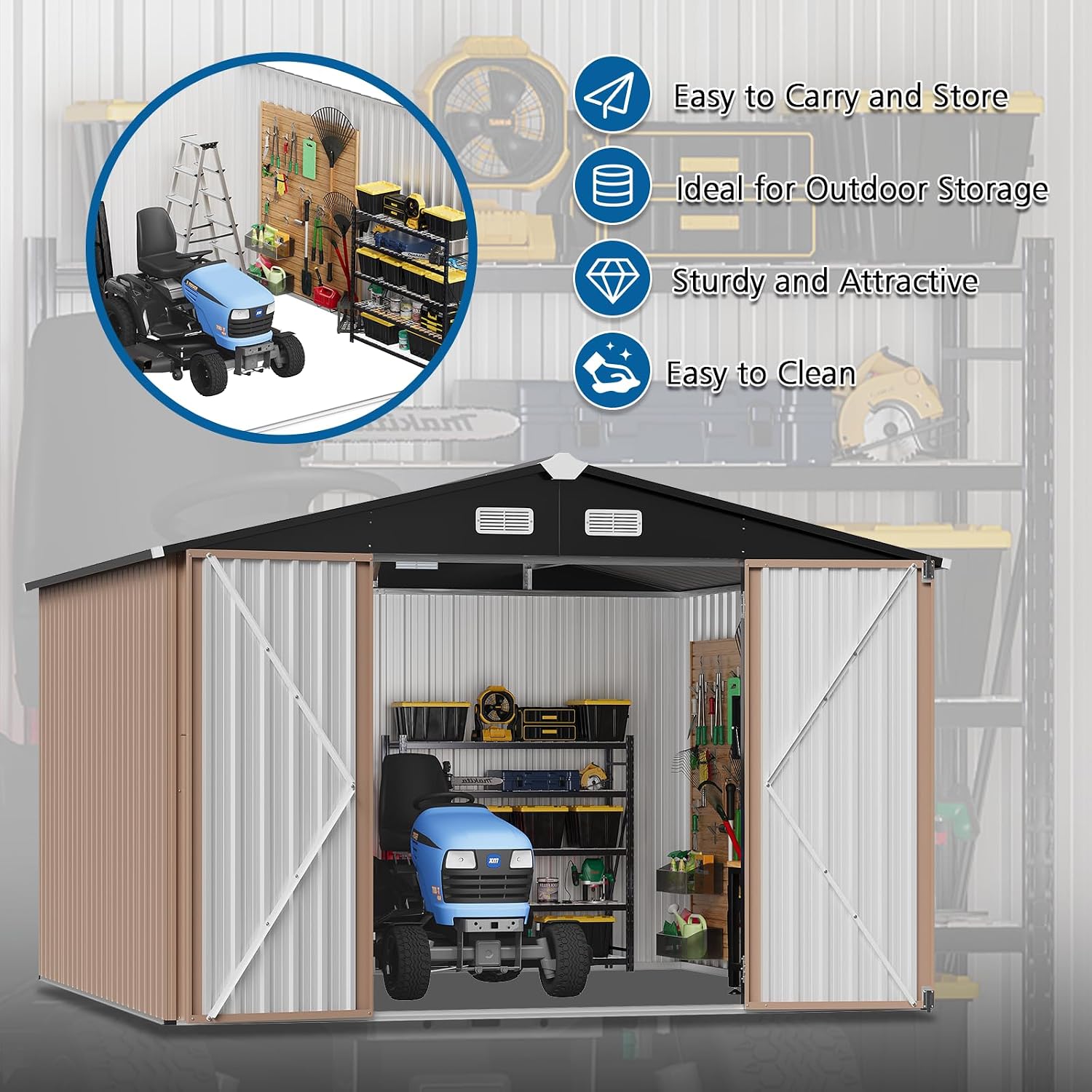 10x10 FT Outdoor Storage Shed with Lockable Door, Waterproof Metal Tool Shed for Bikes, Tools & Lawn Equipment – Gray