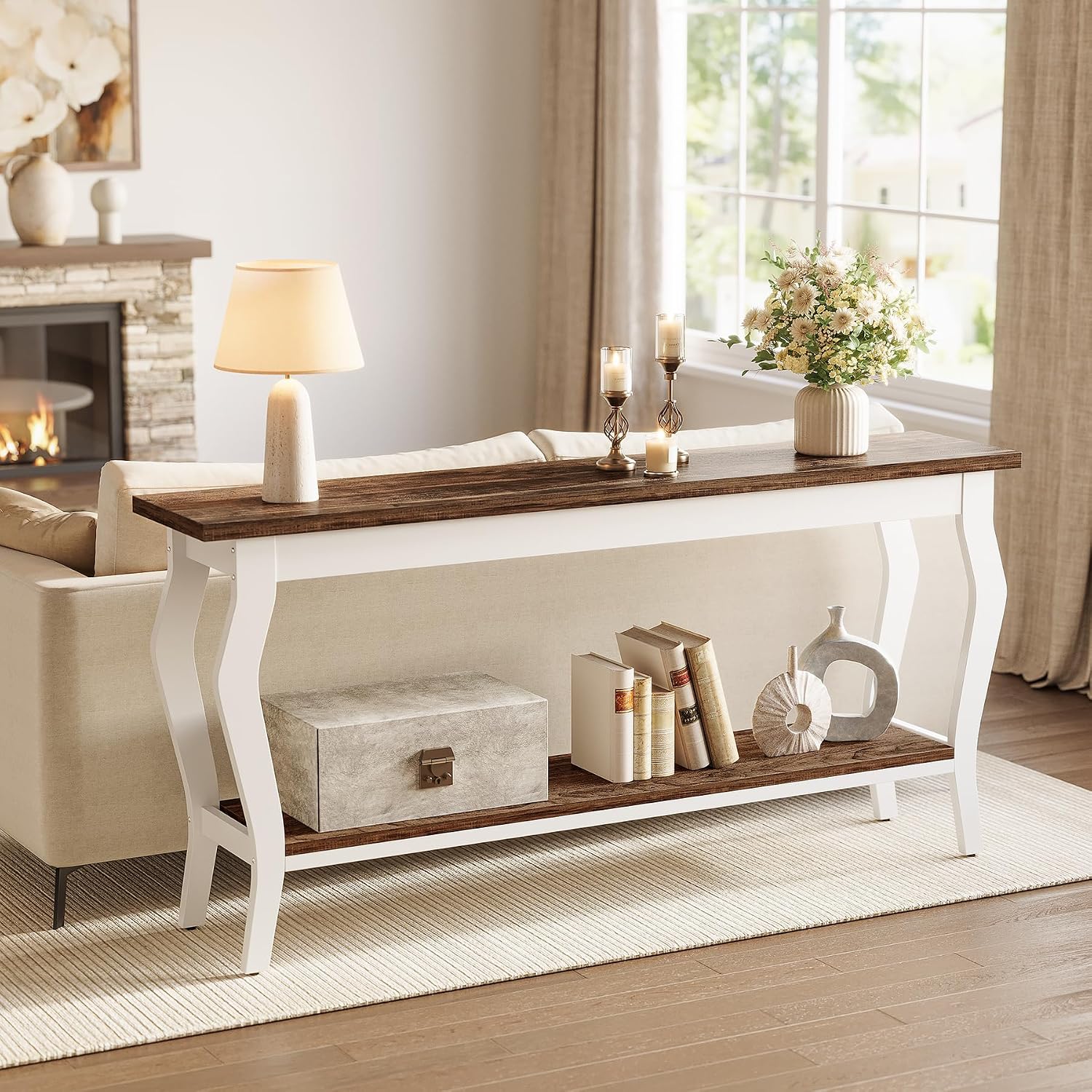LITTLE TREE 70.9 Inches Long Console Table, 2-Tier Vintage Wooden Sofa Table Behind The Couch with Metal Legs for Hallway, Entryway, Living Room, Brown & White