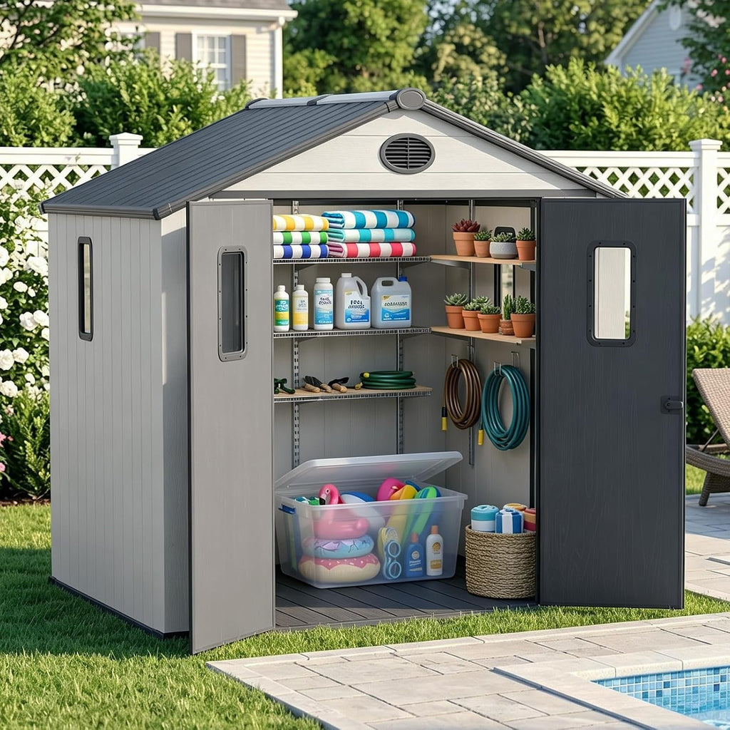 COOS BAY 8x6 Outdoor Storage Shed with Floor, Lockable Doors, All-Weather Resin Garden Tool Shed, White/Gray