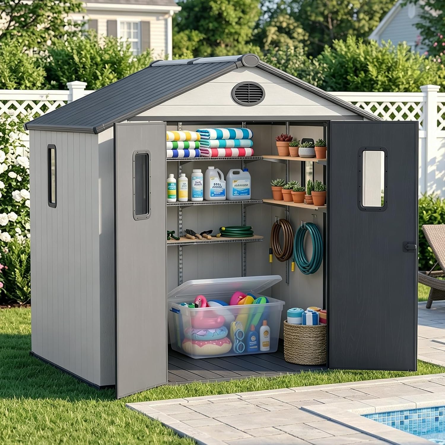 COOS BAY 8x6 Outdoor Storage Shed with Floor, Lockable Doors, All-Weather Resin Garden Tool Shed, White/Gray