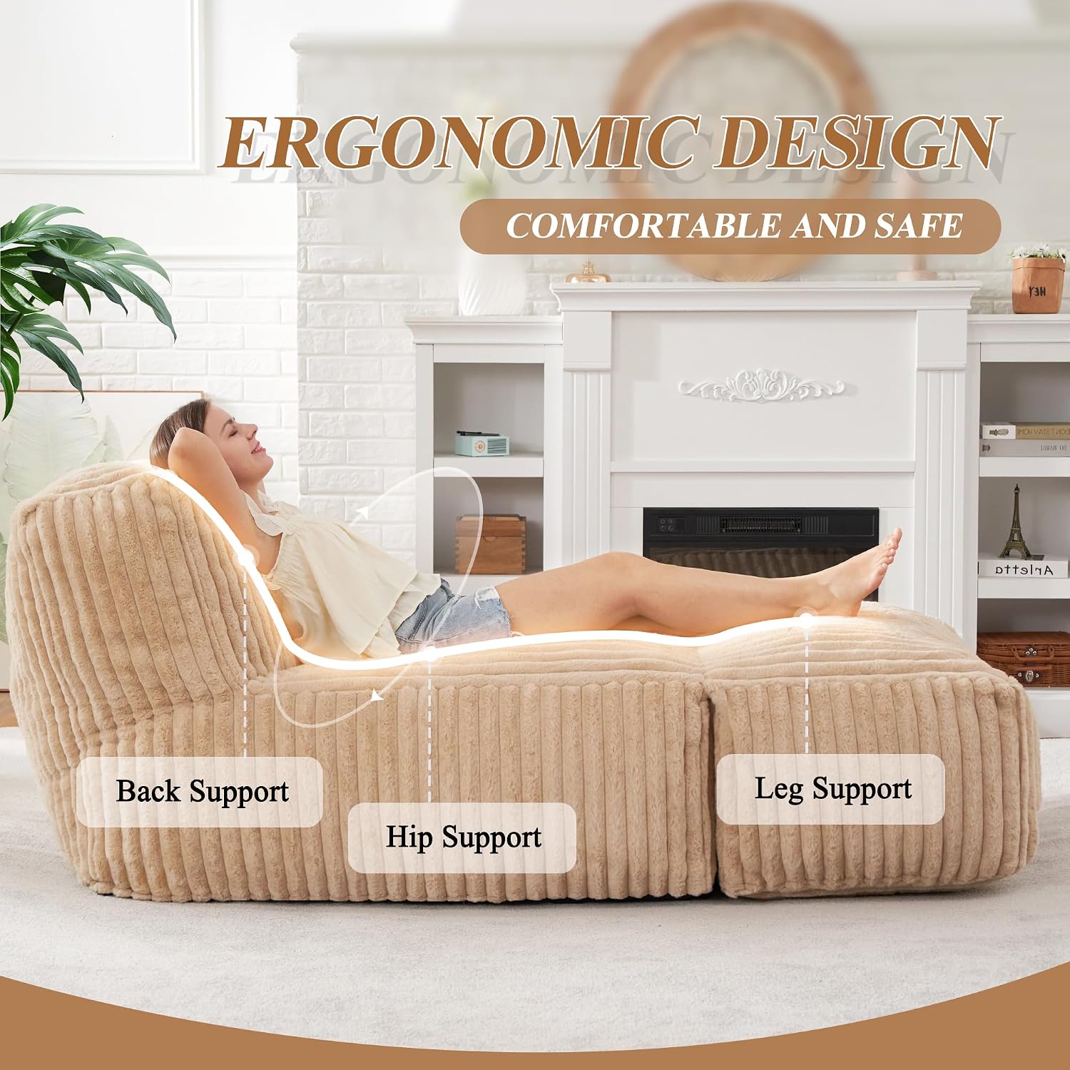Hobestluk Big Bean Bag Lounger Chairs Large Beanbag Chair for Adults Bean Bag Sofa with Memory Foam Filled for Living Room, Bedroom or Balcony (Stripe Khaki)