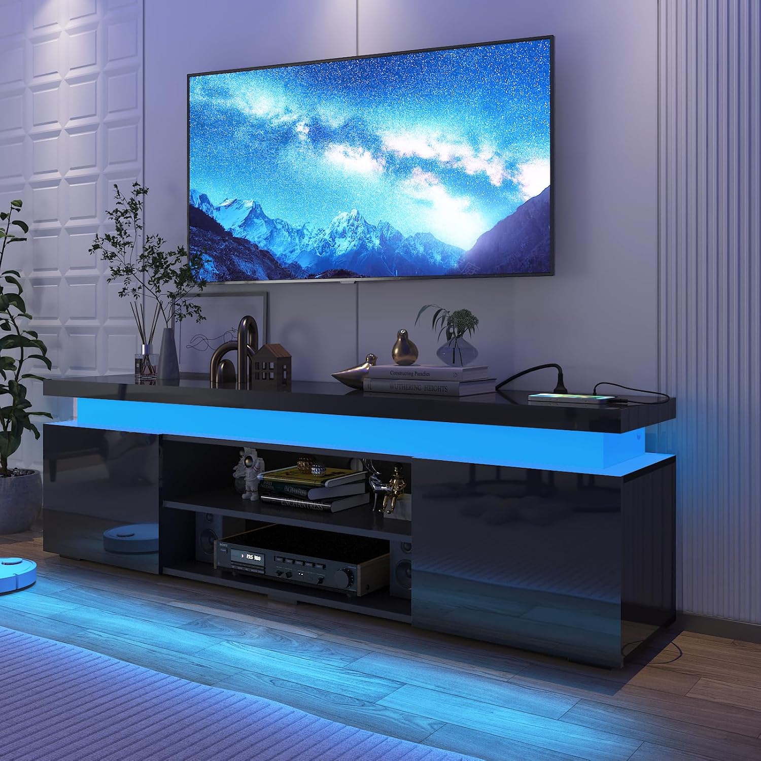 Hlivelood LED TV Stand for 75 Inch TV, Modern TV Stand with Power Outlet, High Gloss TV Console Entertainment Center with Storage and LED Lights for Living Room, Bedroom (66 Inch, Black)