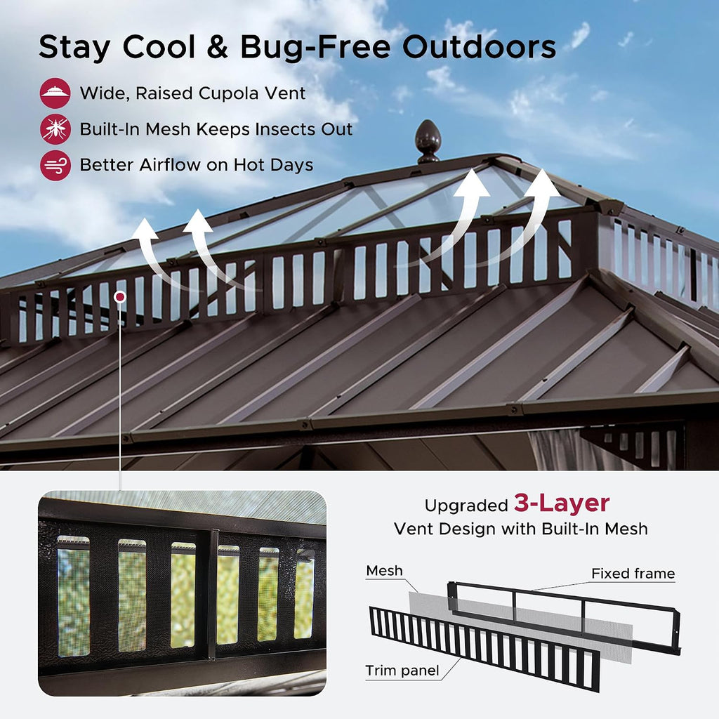 SUNJOY Kingston 14' x 12' Hardtop Gazebo with Galvanized Steel/Polycarbonate Double Roof, Curtain and Netting, Brown Aluminum Posts Permanent Pavilion Gazebo for Garden, Patio, Deck, Lawn