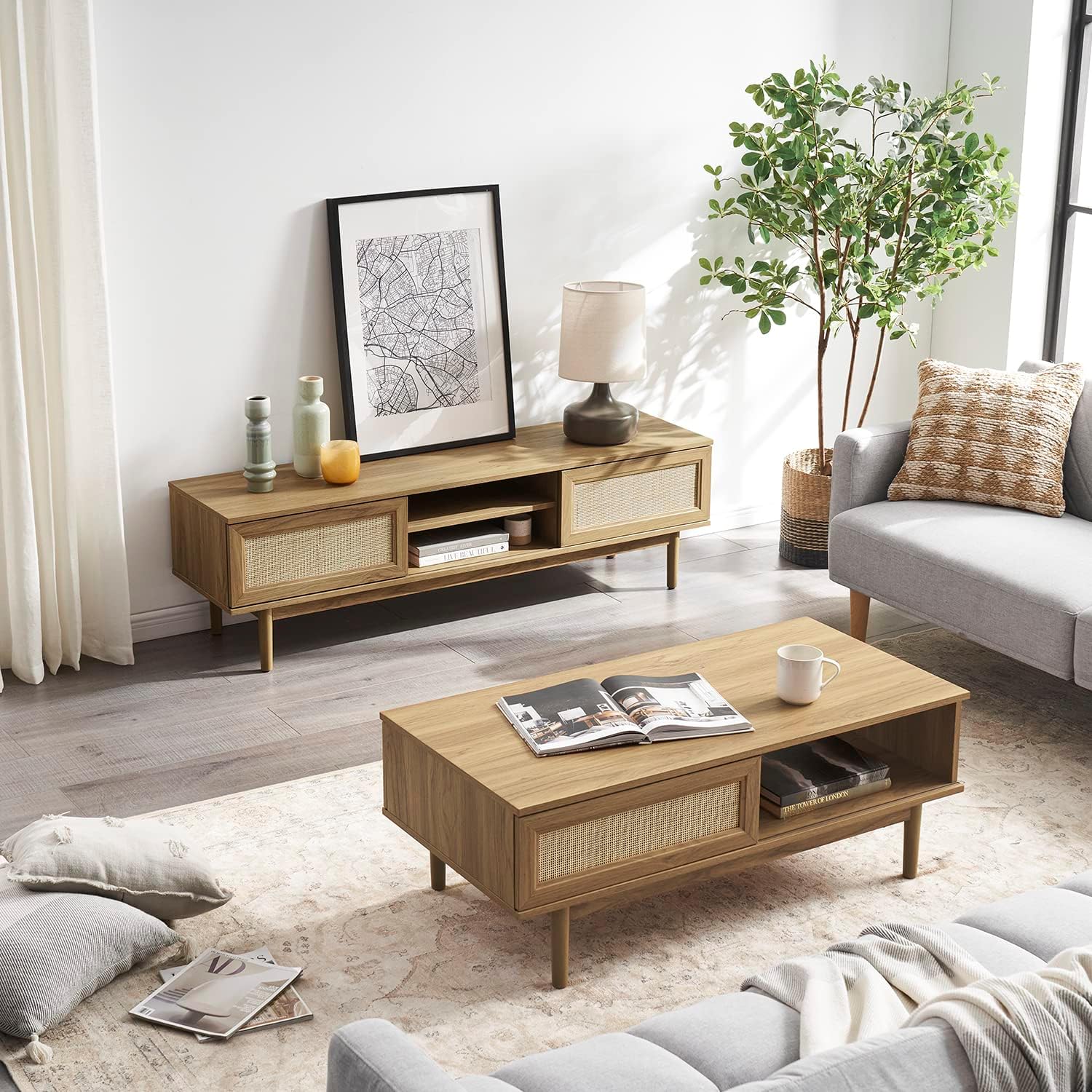 mopio Haylee TV Stand, Modern Farmhouse Television Stand for 55/60/65 inch TV, Natural Rattan Boho Entertainment Center with Storage, Media Console Credenza Table for Living Room, Bedroom (Oak 59')