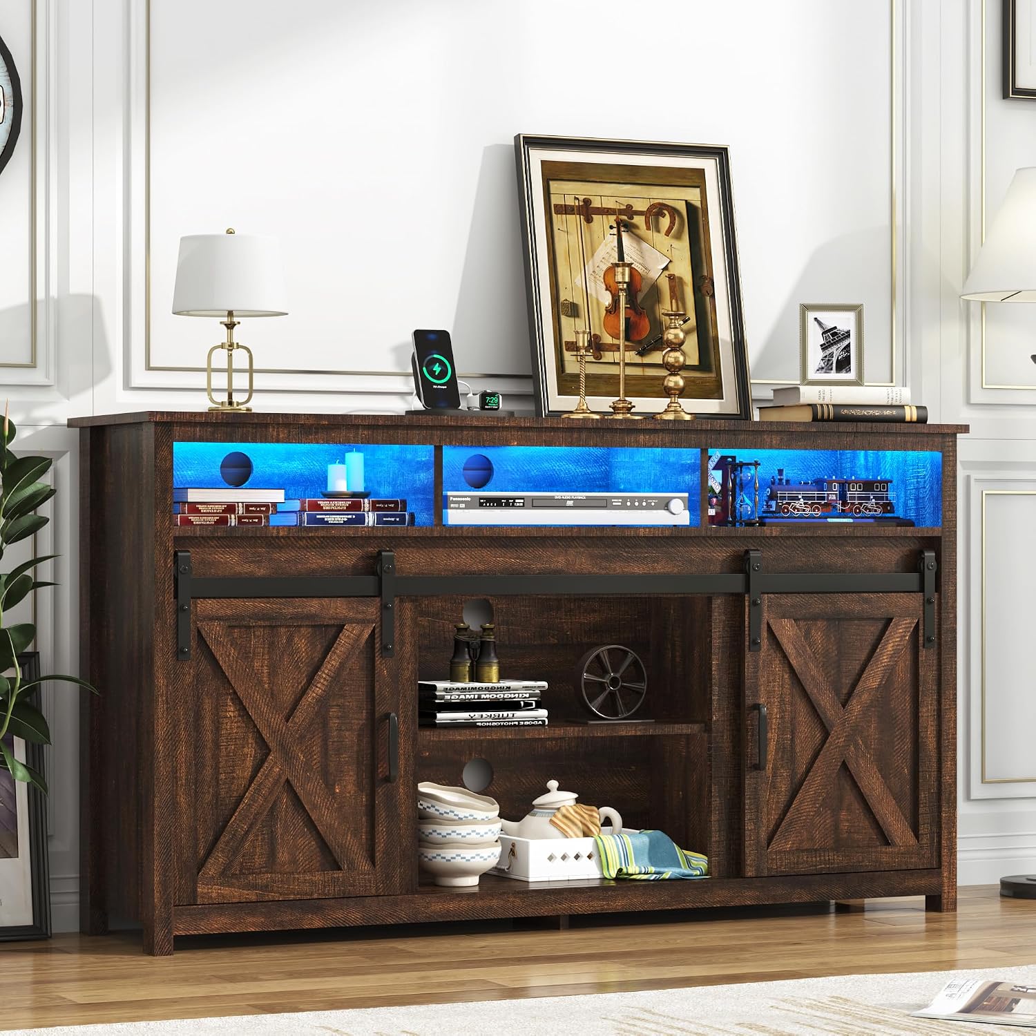 LED Farmhouse TV Stand for 65 inch TVs, Rustic Entertainment Center TV Cabinet Stands with Power Outlets, Wooden Sliding Barn Door TV Media Console Table Storage and Shelves, Brown