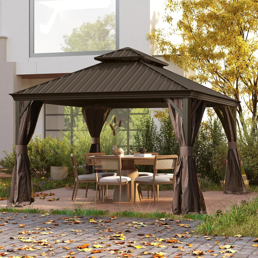 10' x 10' Hardtop Gazebo, Outdoor Aluminum Gazebo with Galvanized Steel Double Roof Canopy, Outdoor Permanent Metal Pavilion with Curtains and Netting for Patio, Backyard and Lawn, Dark Brown