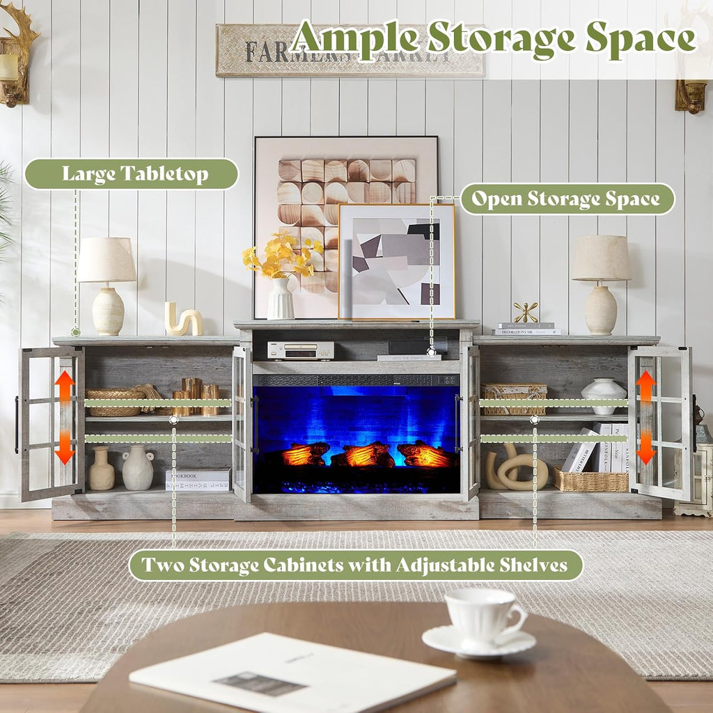 AMERLIFE 97' Farmhouse Fireplace TV Stand, Entertainment Center with Large Storage Space and Adjustable Shelf, Media Console for Living Room, Light Grey