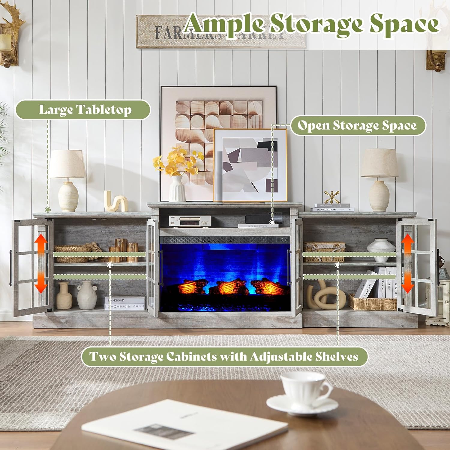 AMERLIFE 97' Farmhouse Fireplace TV Stand, Entertainment Center with Large Storage Space and Adjustable Shelf, Media Console for Living Room, Light Grey