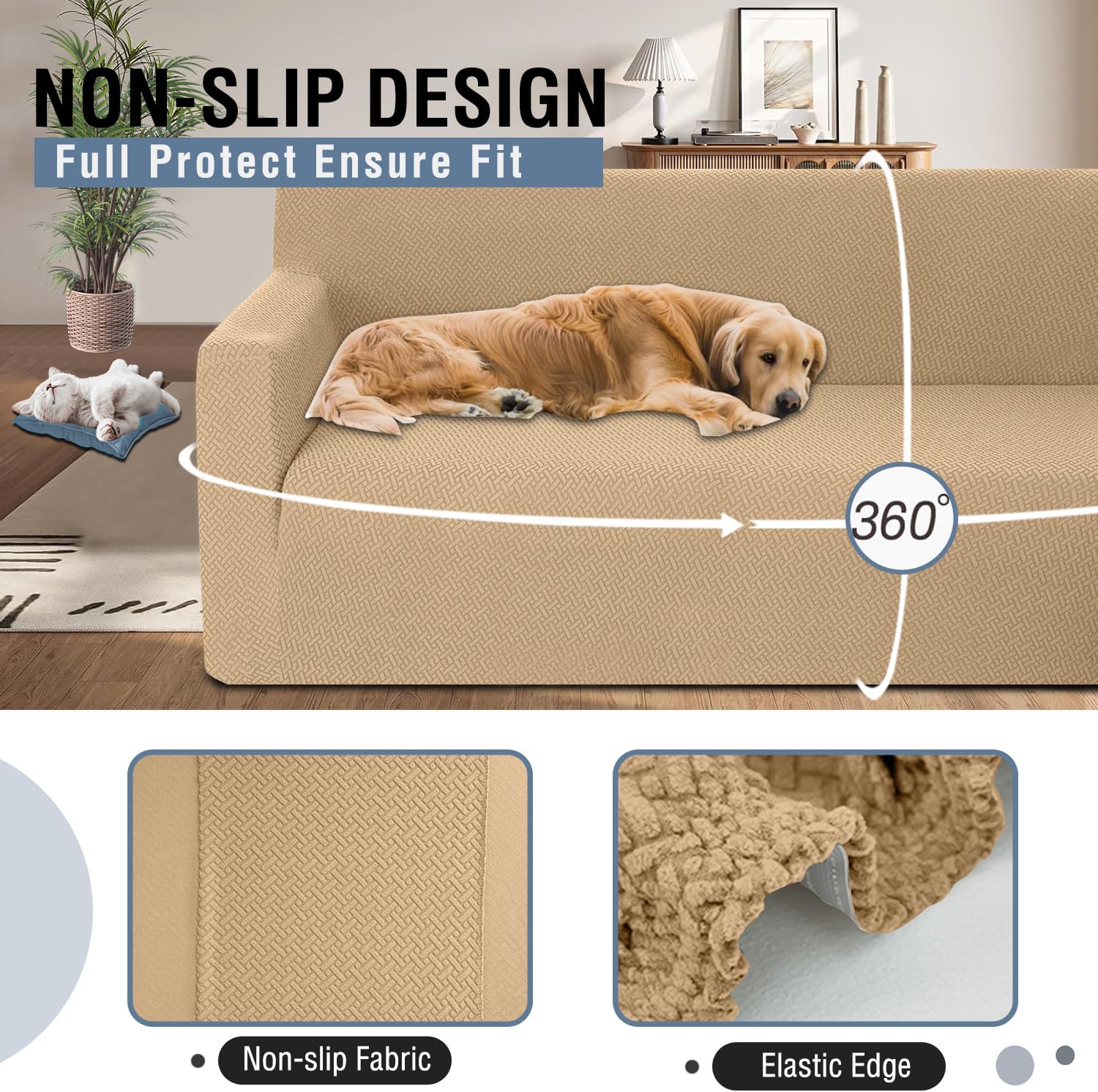 ALIECOM Stretch Corner Sectional Couch Covers L Shape Sofa Covers Washable Sectional Slipcovers U Shape Jacquard Living Room Pet Dogs Furniture Protector with Elastic Bottom (Apricot, X-Large)