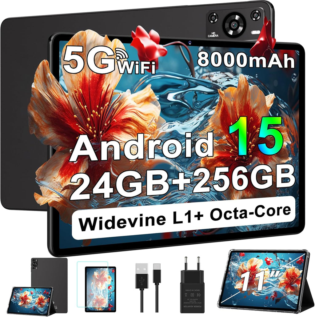 11 Inch Tablet, 2026 Android 15 Tablets with Octa Core, 24GB+256GB, 13+5MP Camera, Electronics Tablets with Widevine L1, 8000mAh Battery, 5G WiFi, GPS, HD IPS Display, 1TB Expand, BT 5.0 -Metal Black