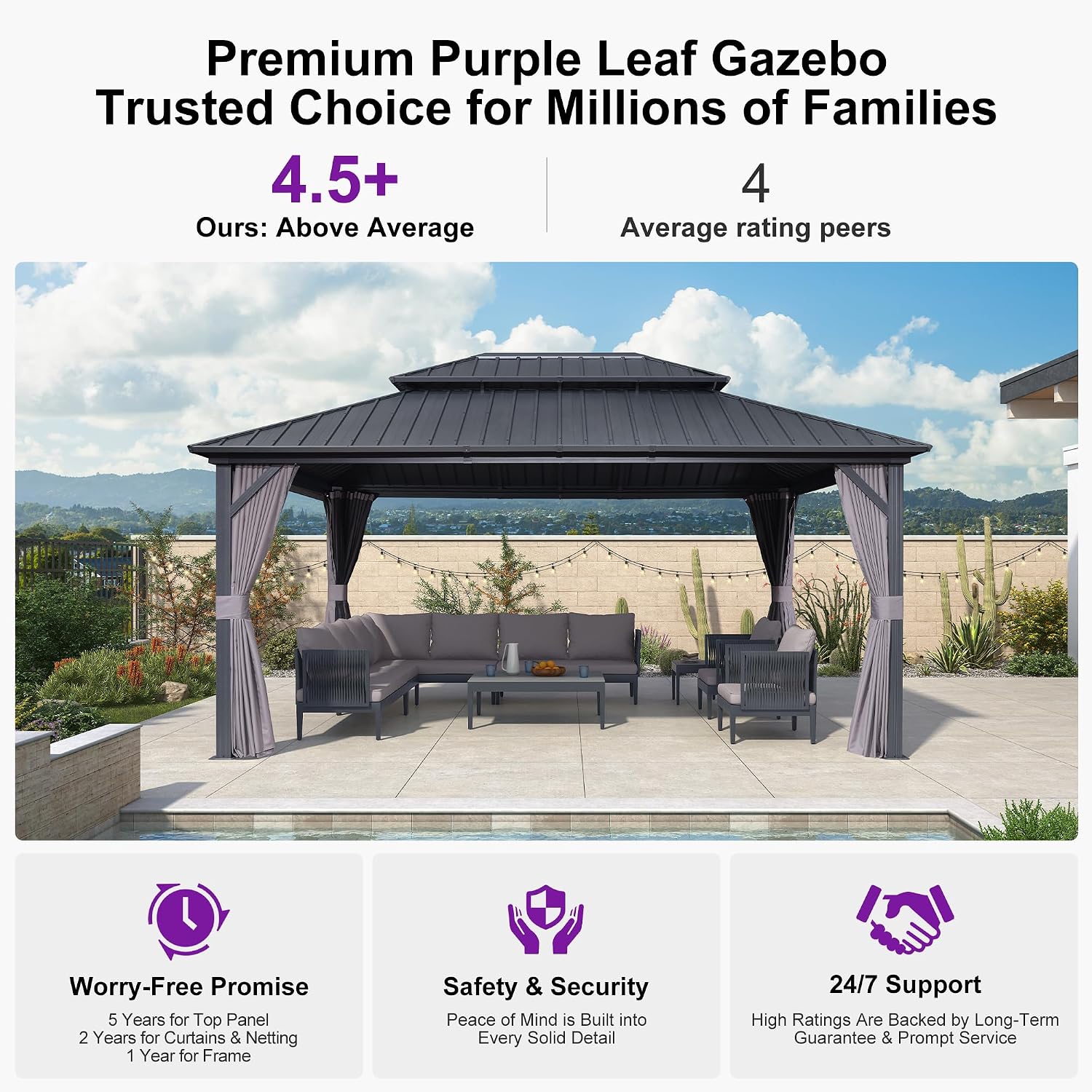 PURPLE LEAF 12'x16' Hardtop Gazebo with Lights Permanent Aluminum Double Roof on Galvanized Steel Frame Outdoor Patio Gazebo Including Netting and Curtains for Backyard Lawn Garden Grey