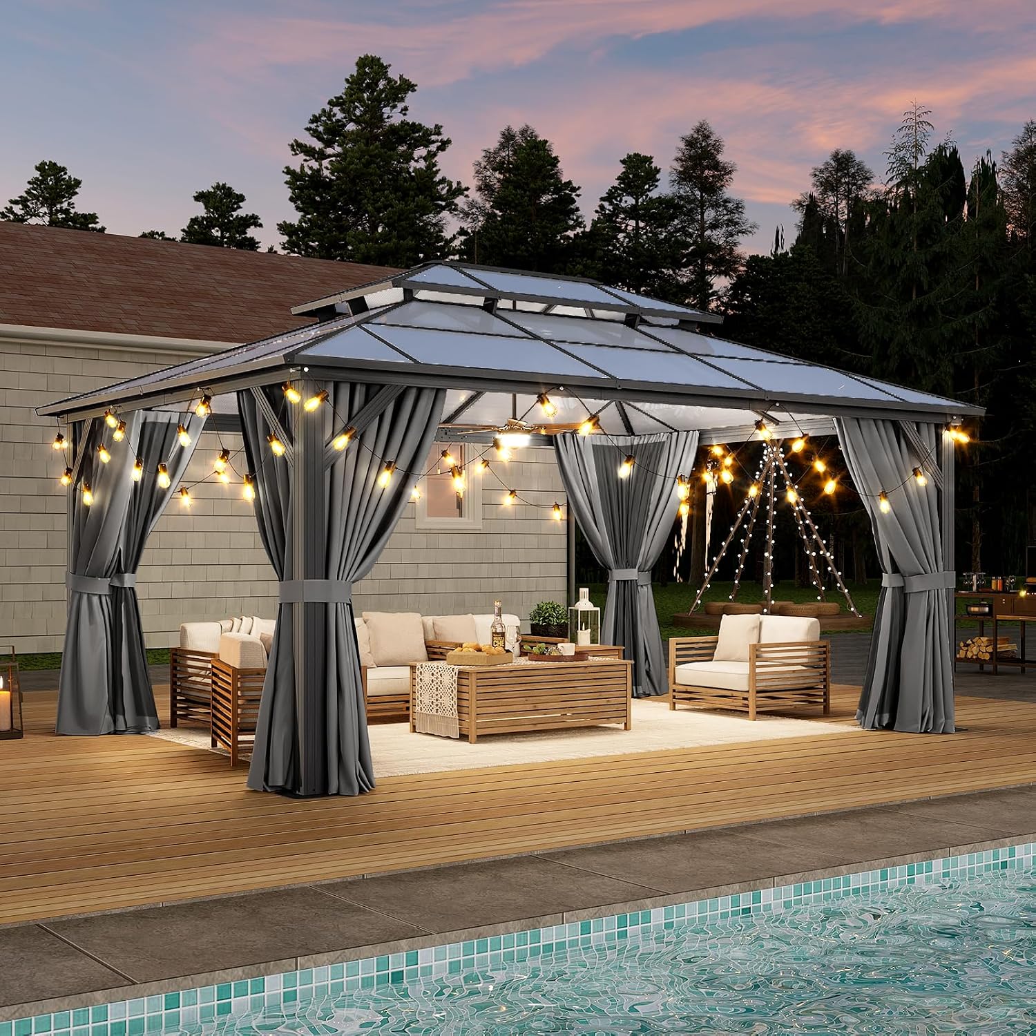 Aoxun 12x16FT Hardtop Gazebo, Aluminum Frame Permanent Pavilion with Curtains and Netting, Outdoor Polycarbonate Double Roof Canopy, Designed for Garden, Lawns, Patio