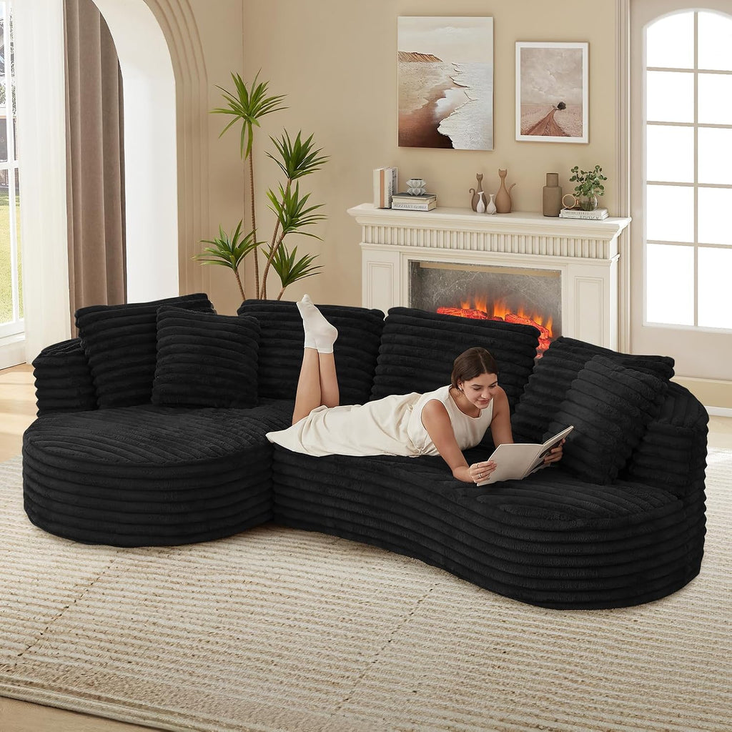 120'W Oversized Modern Curved Cloud Couch,Corduroy Modular Sectional Sofa with Chaise, L Shaped Boneless Couch, Compression Foam Sofa for Living Room Bedroom, No Assembly Required(Left Facing, Black)