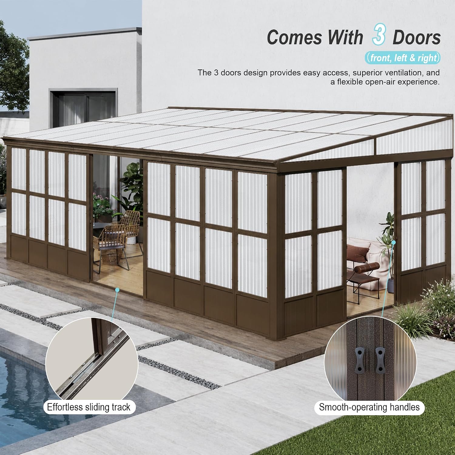 Domi 12x20FT Sunroom, Wall Mounted Sunroom with Polycarbonate Sloping Roof, Outdoor Sunroom Gazebo with Detachable PC Screen, 3 Sliding Double Doors, Lean to Sun Room for Patio, Deck