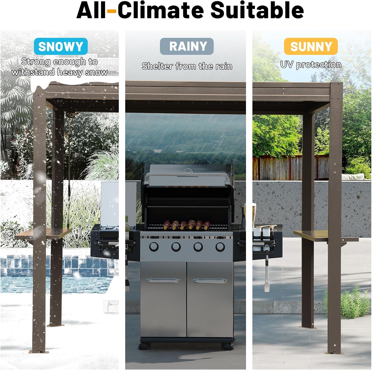 8x5 FT Grill Louvered Pergola for Outdoor Grill, Hardtop Grill Pergola with Built-in Gutter & Adjustable Rainproof Roof, Metal Shelter Gazebo for Patio Backyard Deck -Brown