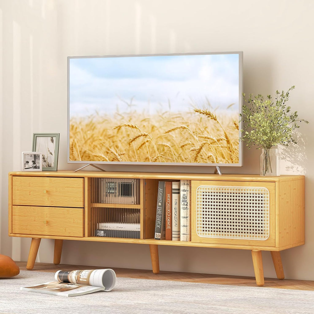 Tangkula Mid Century Modern TV Stand for TVs up to 65', Bamboo Entertainment Center w/Glass & PE Rattan Sliding Doors, 2 Drawers, Adjustable Shelf, Wood Legs, Media Console for Living Room