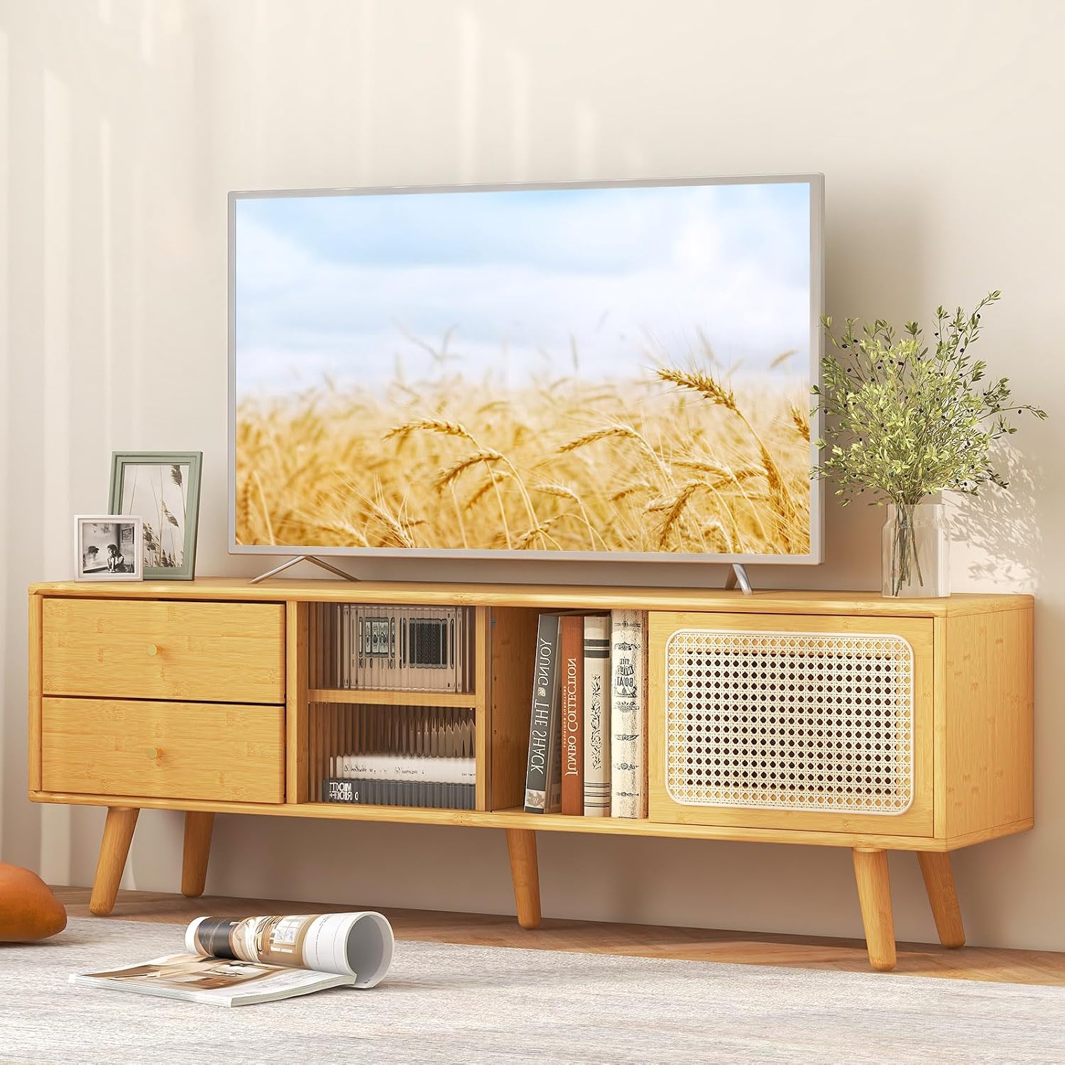 Tangkula Mid Century Modern TV Stand for TVs up to 65', Bamboo Entertainment Center w/Glass & PE Rattan Sliding Doors, 2 Drawers, Adjustable Shelf, Wood Legs, Media Console for Living Room