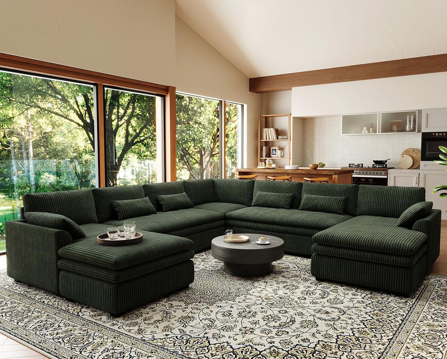 Belffin Large Modular Sectional Sofa with Double Deep Chaise and Loveseat, Corduroy U Shaped Couch with 9' Soft Dual-Layer 9 Seats Cushion for Living Room, Apartment, Green