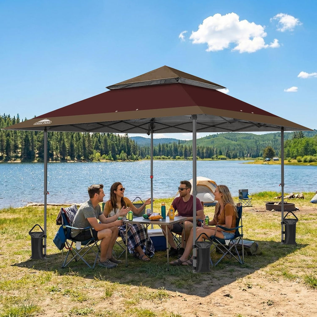 EAGLE PEAK 13x13 Straight Leg Pop Up Canopy Tent Instant Outdoor Canopy Easy Single Person Set up Folding Shelter w/Auto Extending Eaves 169 Square Feet of Shade (Burgundy/Brown)