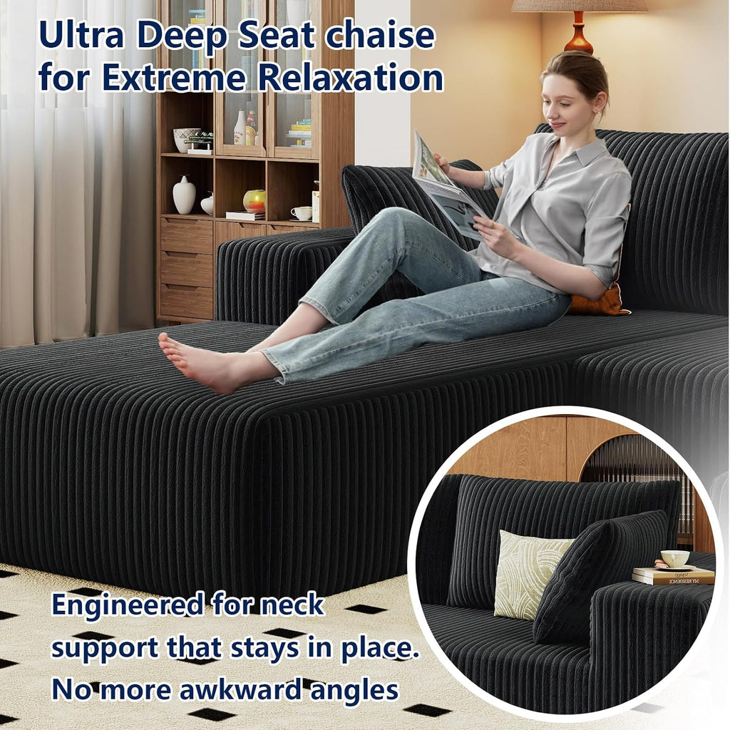96' Modular Sectional Sofa, Modern Corduroy Cloud Couch with Deep Seat, Boneless Couch Upholstered 3-Seater L-Shaped Sofa for Living Room, No Assembly Required (Black, Left-Facing Chaise)