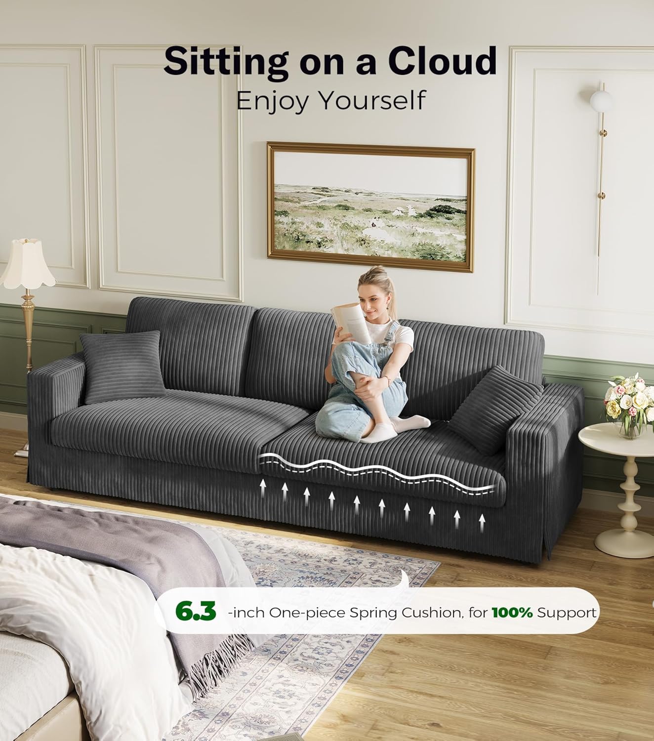 Welzona Corduroy Sofa Couch, 101' Comfy Couches for Living Room, Classic Grey | 24' Extra Deep Seat, Tool-Free Sofas, All-Wood Loveseat, 2 Pillows Included, 850lbs Load-bearing
