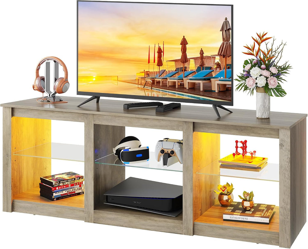 WLIVE Modern LED TV Stand for 65 70 Inch TV, 58' Entertainment Center with Adjustable Glass Shelves & RGB Lights, Wood Media Console Table for Living Room, Bedroom, Gaming Room, Gray Oak