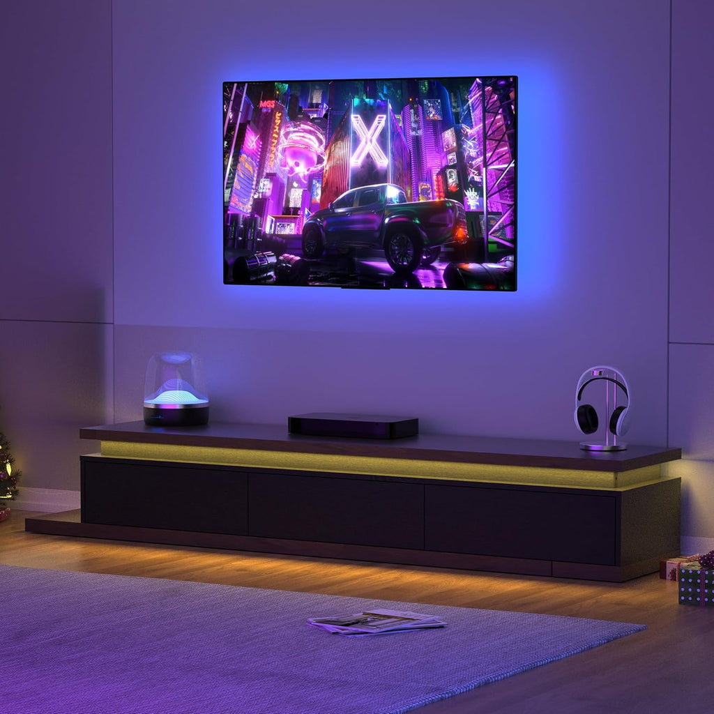 Betterhood Extendable TV Stand with LED Lights (80' - 106'), Wood Entertainment Center for Up to 120' TV, Modern Reversible TV Console with Three Drawers, Living Room, Bedroom, Black & Walnut