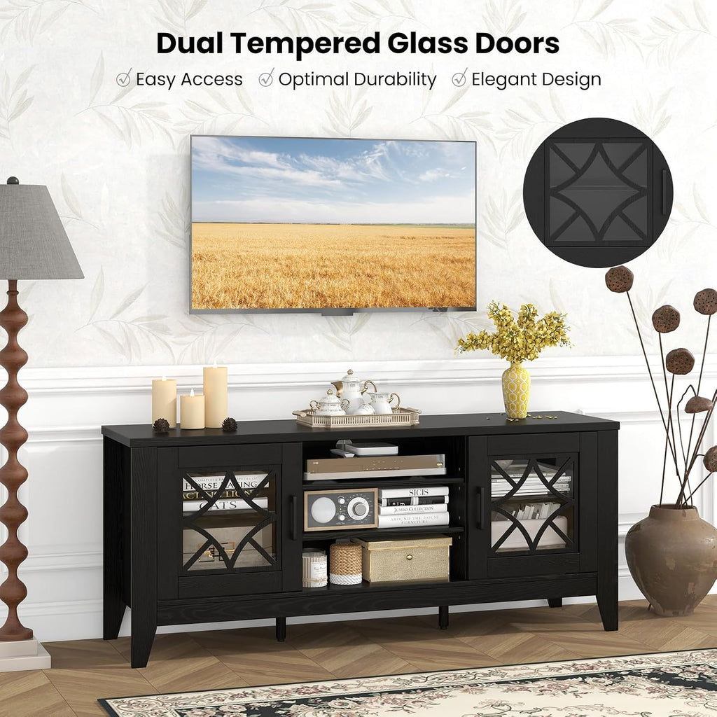 Giantex Farmhouse TV Stand for TVs up to 65', Entertainment Center with 4 Adjustable Storage Shelves & Tempered Glass Doors, Modern TV Console Table for Bedroom, Living Room