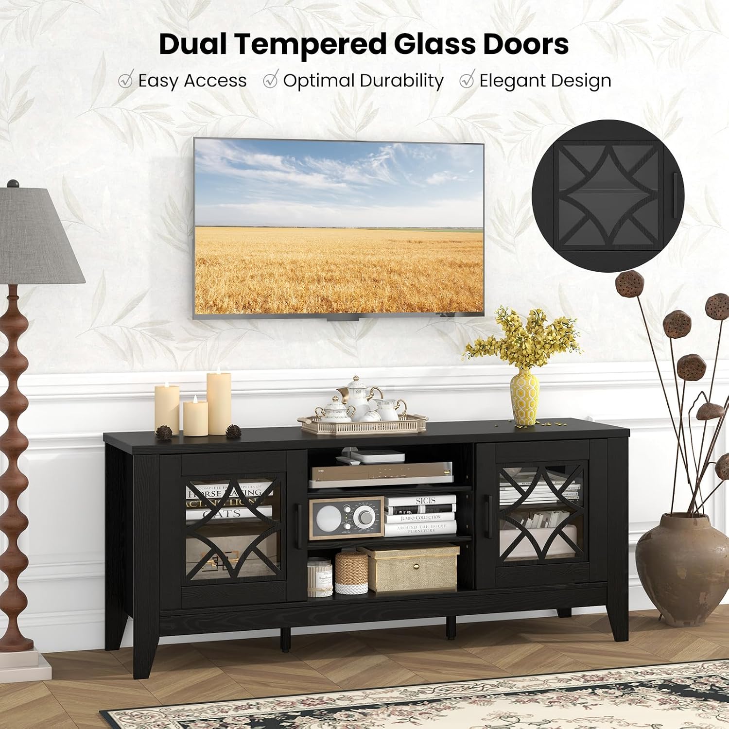 Giantex Farmhouse TV Stand for TVs up to 65', Entertainment Center with 4 Adjustable Storage Shelves & Tempered Glass Doors, Modern TV Console Table for Bedroom, Living Room